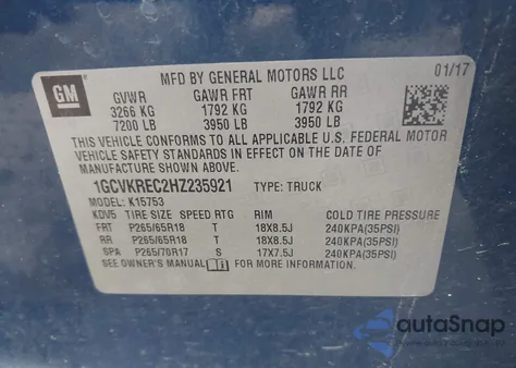 2017 Chevrolet Silverado 1500 1Lt из США, поврежденный, VIN 1GCVKREC2HZ235921